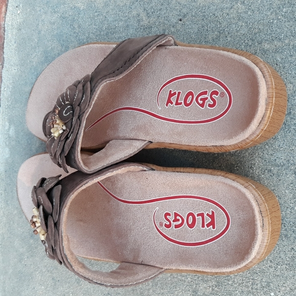 Klogs Size 8 Floral Beaded Brown Leather Faux Wooden Wedge Thong Clog Sandals - Picture 11 of 17